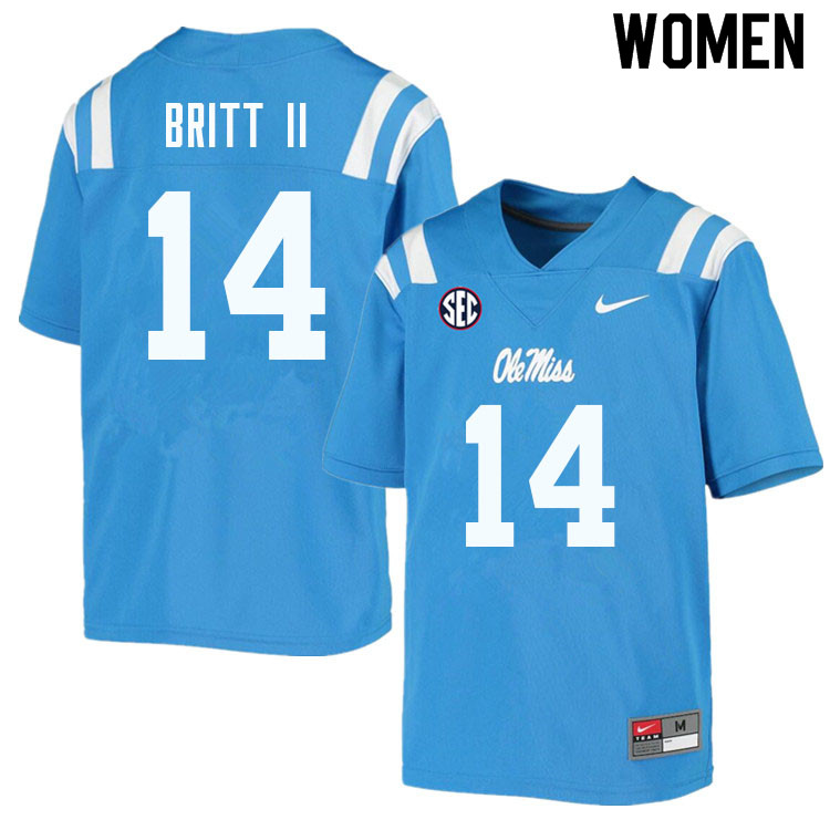 Women #14 Marc Britt II Ole Miss Rebels College Football Jerseys Sale-Powder Blue